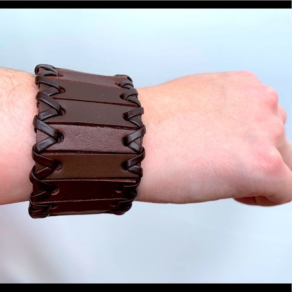Brown real Leather handmade Wrist Cuff Bracelet with knots Adjustable size